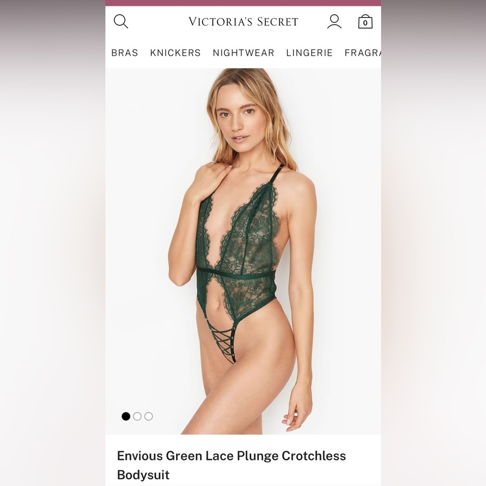 NWT Victoria's Secret Envious Green Lace Plunge Crotchless Bodysuit